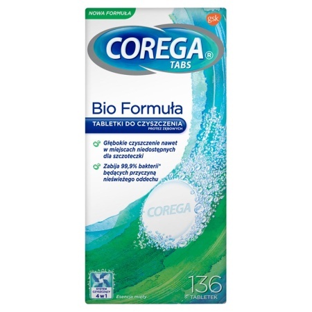 Corega Tabs Bio Formula, tabletki przeciwbakteryjne do czyszczenia protez zębowych 4w1, 136 tabletek